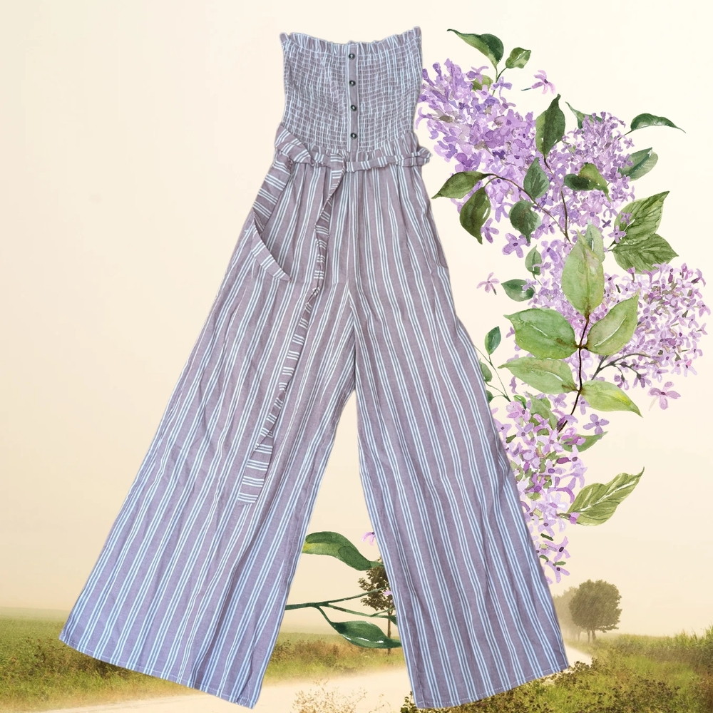 Altar'd State Gray and White Striped Jumpsuit with Flowing Palazzo Legs